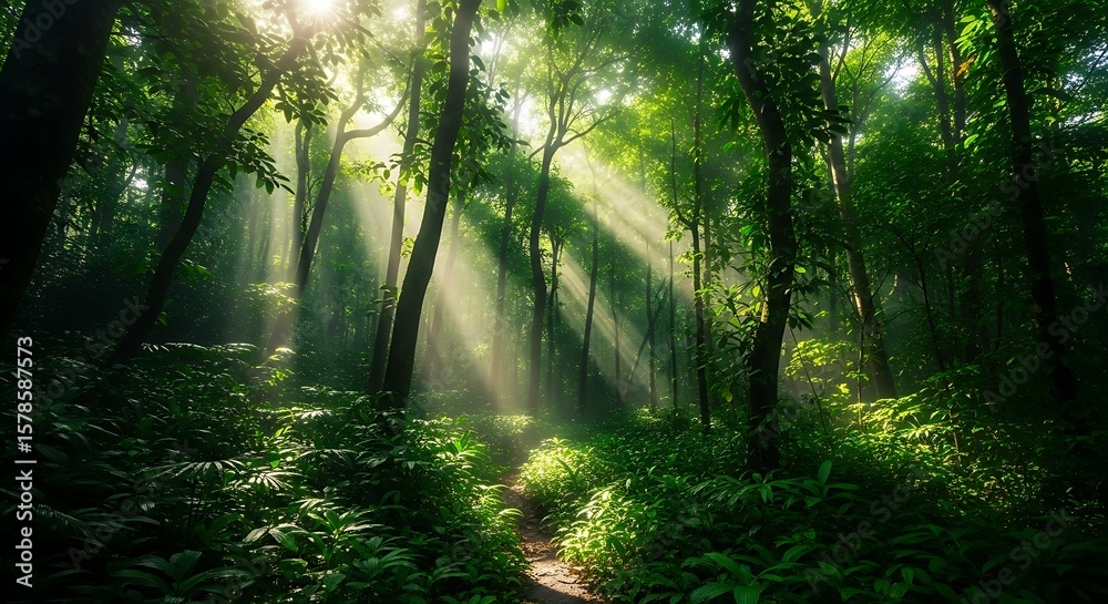 Obraz premium Sunlight through misty forest path