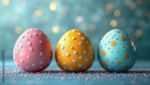 Three colorful speckled Easter eggs sit on a matching speckled surface. Use this image for Easter promotions or spring-themed content.