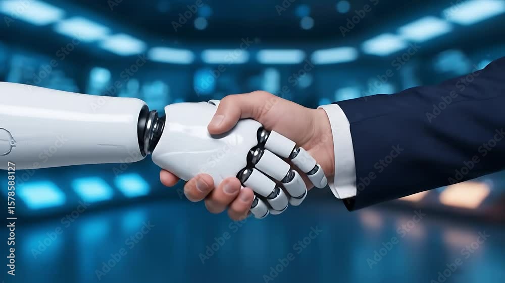 Un homme et un robot IA se serrent la main pour signifier l'intégration de l'intelligence artificielle dans les flux de travail