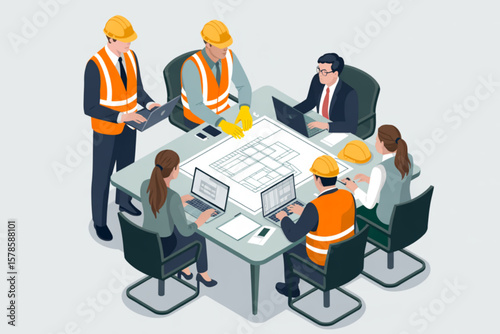 Construction workers and architects collaborating around a table, reviewing blueprints and using laptops in a productive meeting.