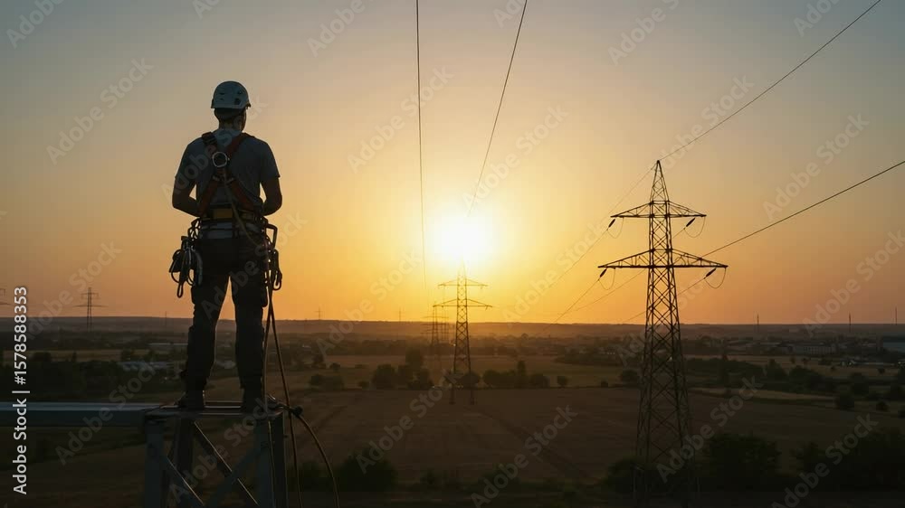 Silhouette of a power lineman on a transmission tower at sunset. Male electrical engineer in a safety harness looking at the horizon. Energy and infrastructure concept.