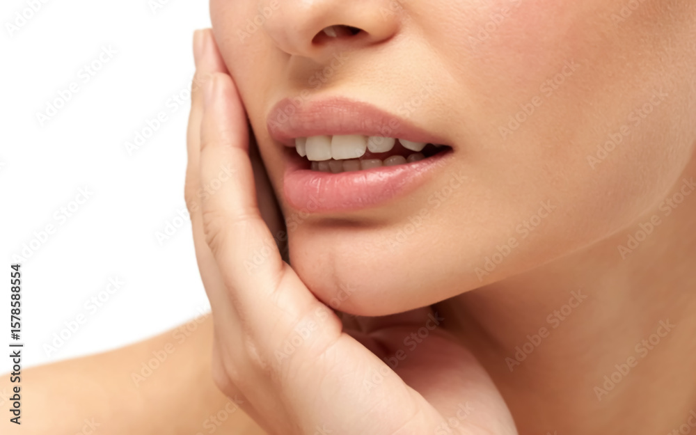 Obraz premium A close-up beauty photograph of a person's lower face and hand against a white background.