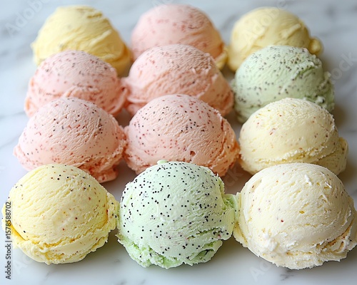Several scoops of colorful ice cream on a marble surface, close-up. Use it for menus, ads, or articles relating to desserts and sweets.