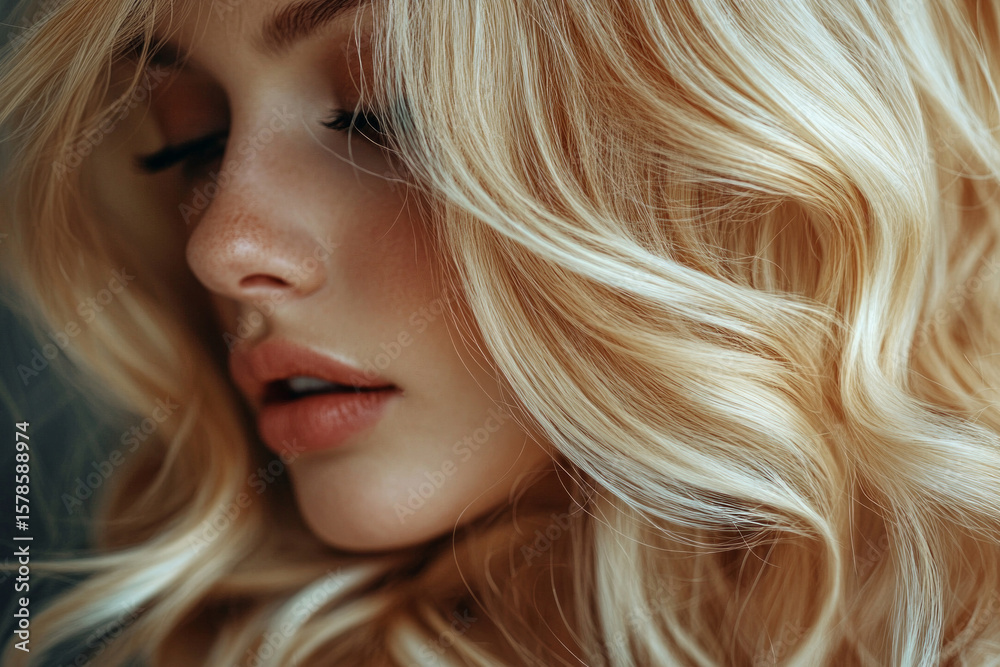 Close-up of a blonde woman with perfect skin and long, wavy, shiny hair, showcasing beauty and hair care Close-up of a blonde woman with perfect skin and long, wavy, shiny hair, showcasing beauty and hair care