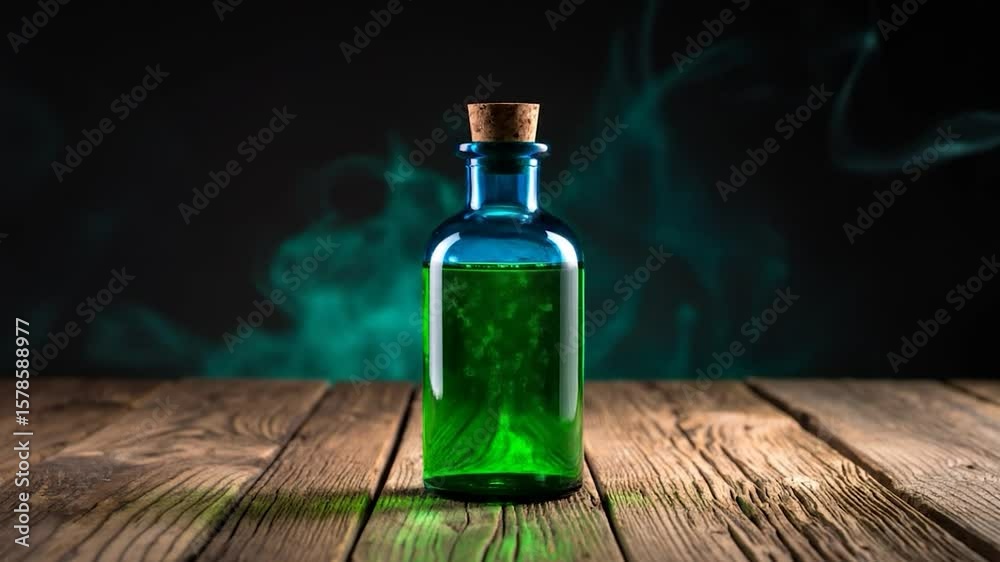 Blue glass bottle filled with a bubbling, bright green liquid and cork stopper on old wooden planks against a dark smoky background