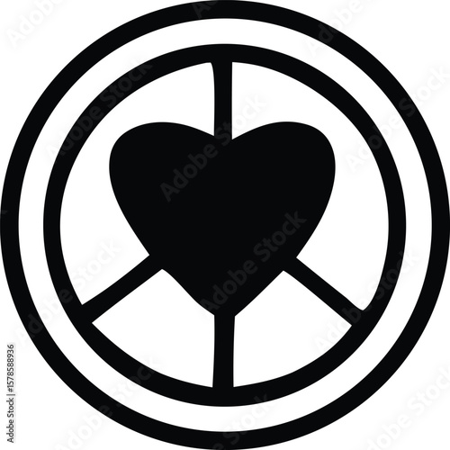 A bold black silhouette of a heart symbol integrated within a classic peace sign representing love and harmony