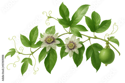 Fototapeta Naklejka Na Ścianę i Meble -  Botanical illustration of a passion fruit branch with flowers and unripe fruit, isolated on transparent background