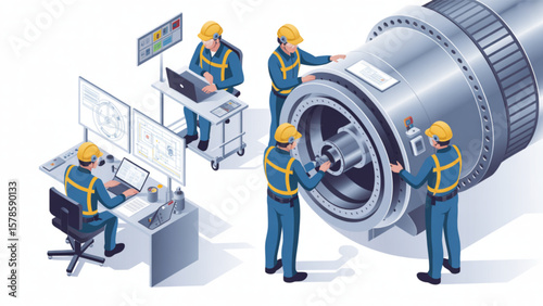 Isometric illustration depicting engineers maintaining a large industrial machine, showcasing teamwork, precision, and technological expertise.