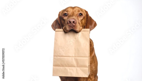 Dog holding a brown paper bag