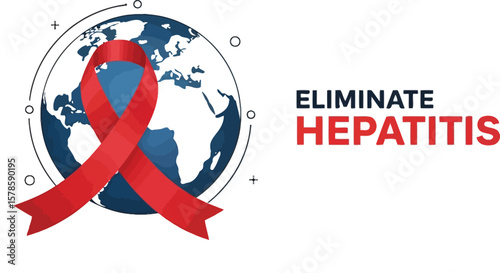 Eliminate hepatitis awareness campaign global health initiative with red ribbon and world map design