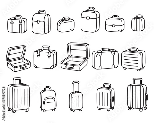 Hand drawn suitcases and travel bags. Vector illustration in doodle style on white background. Vector illustration. Vector 