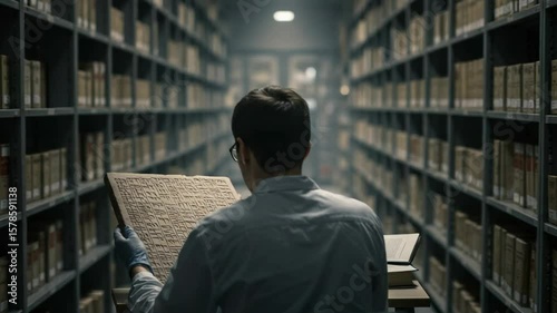 A scholar sits in a dimly lit archive, carefully studying an ancient inscribed artifact. Male historian researching historical documents in a library.