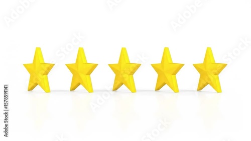 Five 3D yellow stars aligned, casting soft shadows on a reflective white surface