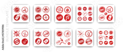Set of red starburst, starburst labels. Black icons on white background bundle