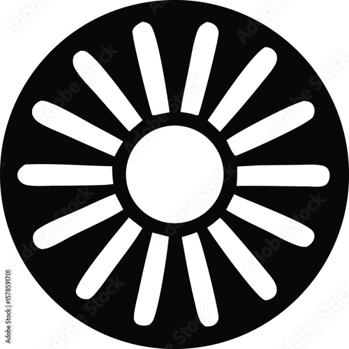 Stylized black and white sun icon with radial rays and a central circle representing a simple celestial body