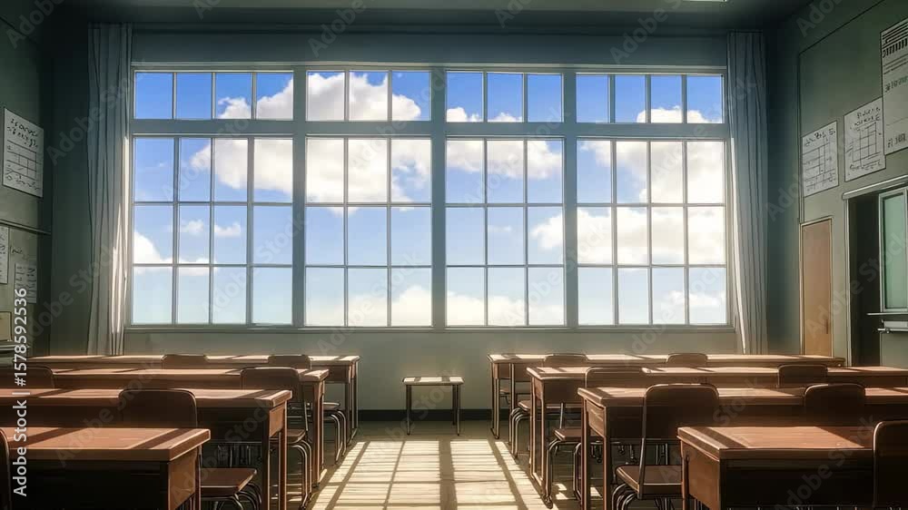 Brightly lit classroom with expansive windows filled with natural light and clouds on a clear day, The setting is a brightly lit classroom with expansive windows anime video background