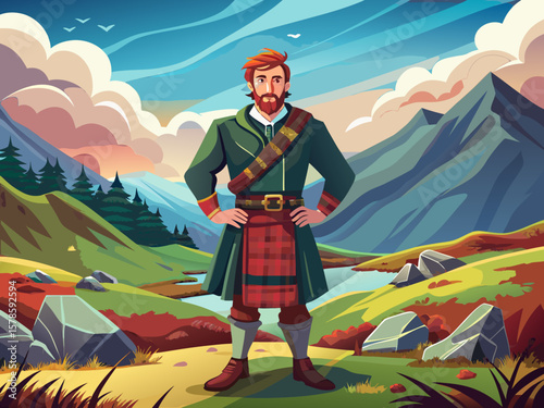 vector of A handsome Scottish man in traditional mountain clothes in a foggy landscape.