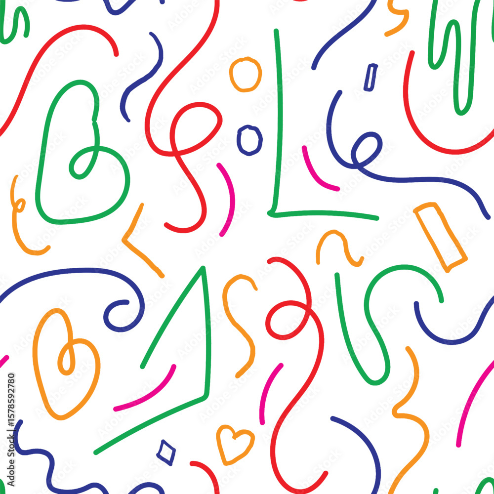 Fototapeta premium Seamless Abstract Pattern with Colorful Shapes and Squiggles suitable for digital, print, or textile applications.