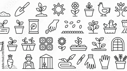 Set of Plant Growth and Gardening Icons for Sustainable Agriculture