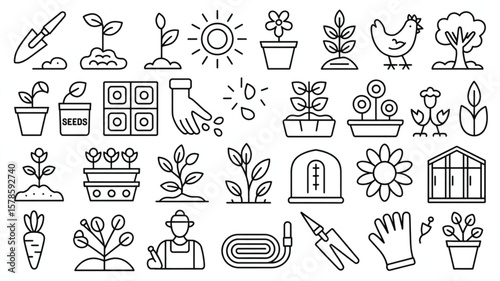 Black and White Gardening Tools and Planting Symbols Collection