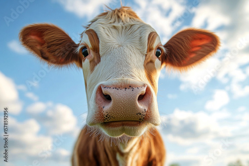 Guernsey cow filling the frame with its big pink nose and brown eyes, posing under a cloudy sky