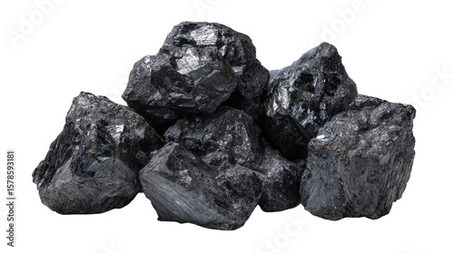 Thorianite radioactive black mineral lump background isolated on a Transparent background, PNG file.