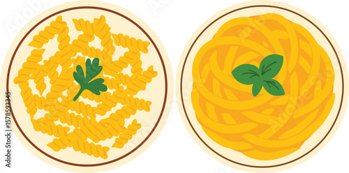 Flat vector illustration of two classic Italian pasta dishes: fusilli pasta garnished with parsley and spaghetti topped with fresh basil. Perfect for culinary blogs, Italian restaurant menus