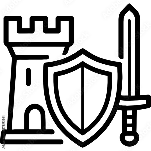 Castle turret and shield outline icon vector
