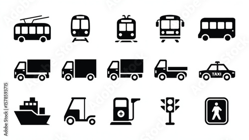Black and White Icons of Cars, Trucks, and Public Transit Vehicles