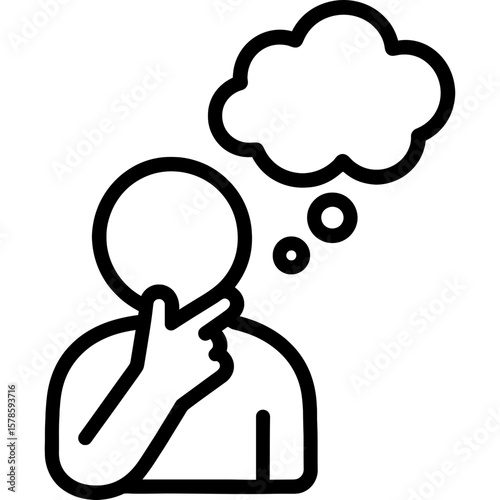 Thinking figure with hand on chin and thought bubble outline icon vect