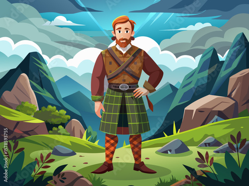 vector of A handsome Scottish man in traditional mountain clothes in a foggy landscape.