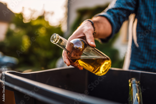 Man throwing glass bottle into recycling bin. The fight against drunkenness