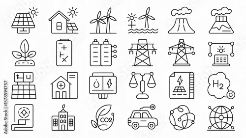 Sustainable Energy Icons: A comprehensive collection of line icons representing various aspects of sustainable energy, including solar power, wind energy, geothermal energy, and hydrogen fuel cells.