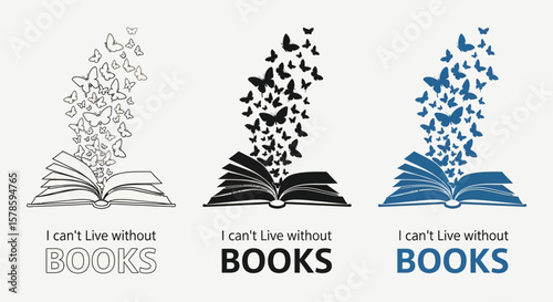 I can't live without books illustration with butterflies, book lover gift, reading, bookworm, library