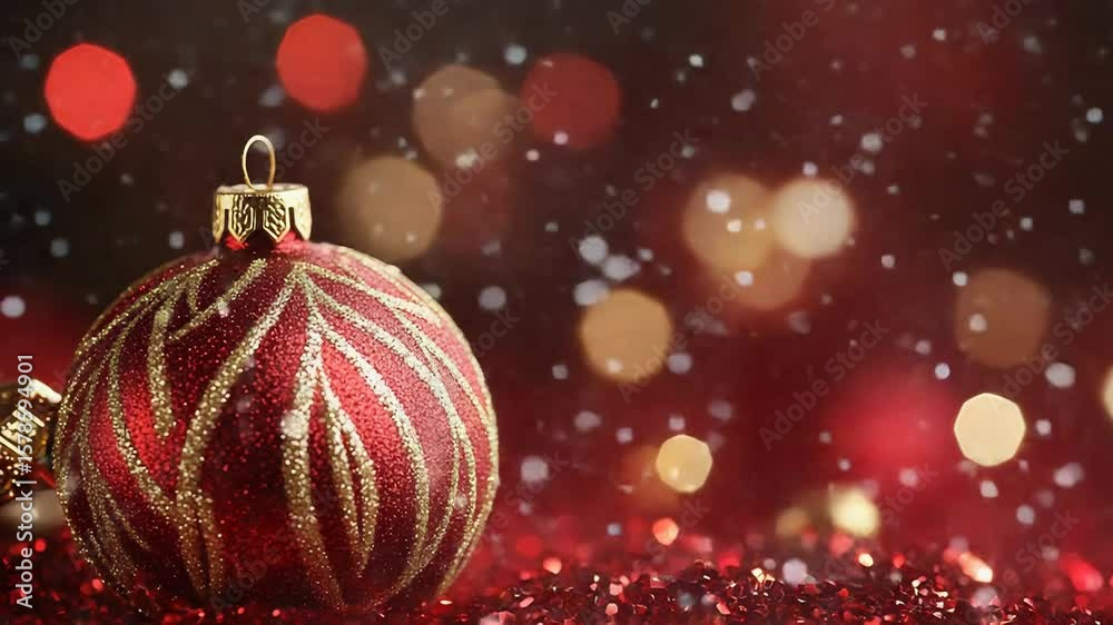 Red and gold christmas ornament falling snow festive background