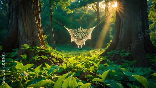 Intricate Spiderweb Hanging Between Trees in Forest with Sun Rays