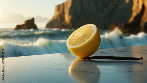 Lemon Half with Vanilla Bean on Marble by Ocean at Sunset