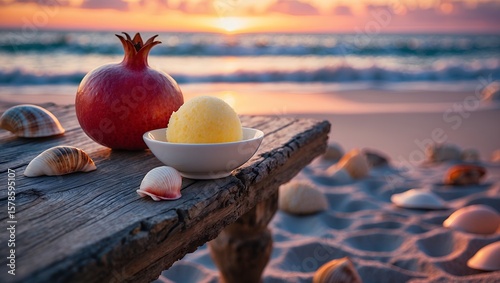 Pomegranate and Lemon Sorbet on Rustic Table at Beach Sunset