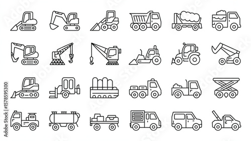 Construction Icons: A comprehensive collection of simple line-art icons depicting a variety of construction vehicles, ideal for illustrating industry-related concepts or designs. 