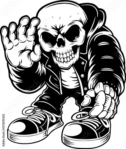 SVG of a hip hop gangster skeleton with bold urban style and tattoo design. Skull Character with Jacket and Sneakers in Bold Outline Style