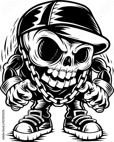 SVG of a hip hop gangster skeleton with bold urban style and tattoo design. Cartoon Skull Character with Cap and Chain in Urban Style Art