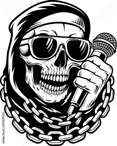 SVG of a hip hop gangster skeleton with bold urban style and tattoo design. Skull with Microphone and Sunglasses in Hip Hop Style Art