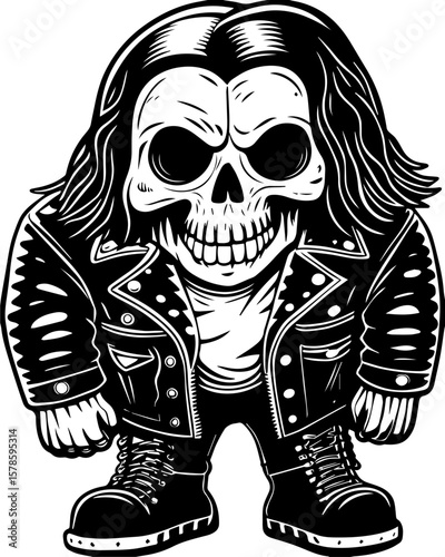 SVG of a hip hop gangster skeleton with bold urban style and tattoo design. Cartoon Skull Character in Leather Jacket with Long Hair Design