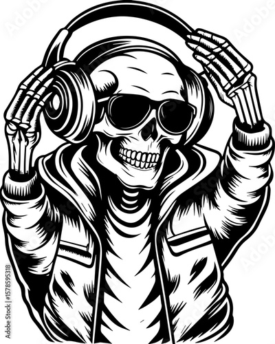 SVG of a hip hop gangster skeleton with bold urban style and tattoo design. Skeleton Wearing Headphones and Sunglasses in Fun Retro Style