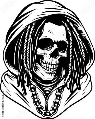SVG of a hip hop gangster skeleton with bold urban style and tattoo design. Skull Character with Hoodie and Dreadlocks in Black and White Art