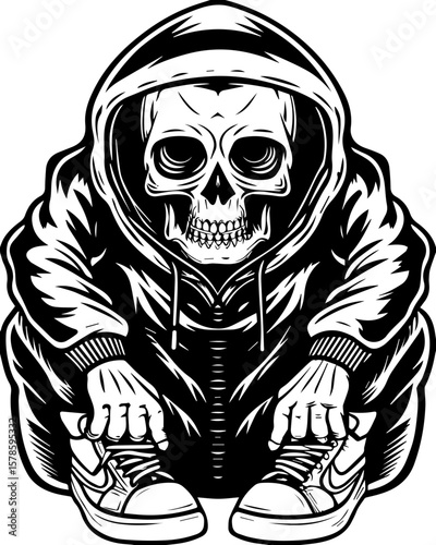 SVG of a hip hop gangster skeleton with bold urban style and tattoo design. Skeleton Figure in Hoodie Sitting with Sneakers on Urban Style
