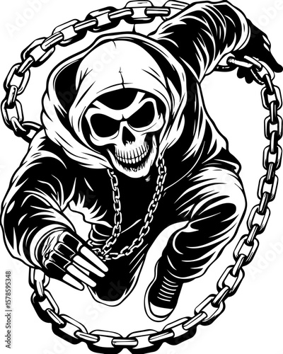 SVG of a hip hop gangster skeleton with bold urban style and tattoo design. Dynamic Illustration of a Grim Reaper Figure in Motion with Chains