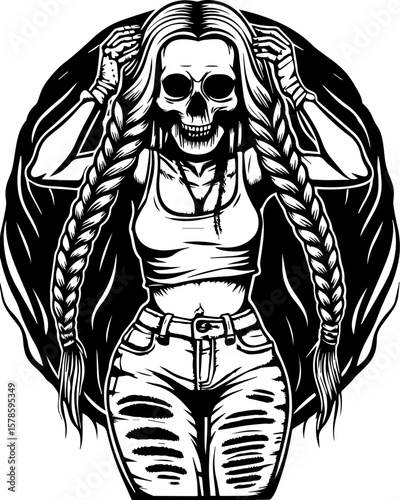 SVG of a hip hop gangster skeleton with bold urban style and tattoo design. Stylish Skeleton Woman with Braids in Grunge Art Design