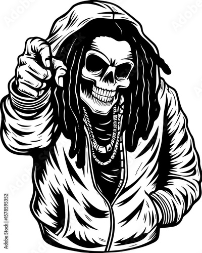 SVG of a hip hop gangster skeleton with bold urban style and tattoo design. Edgy Skull Illustration with Dreadlocks and Hoodie for Designs