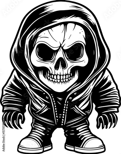 SVG of a hip hop gangster skeleton with bold urban style and tattoo design. Creepy Skull Character in Hooded Jacket for Graphic Designs